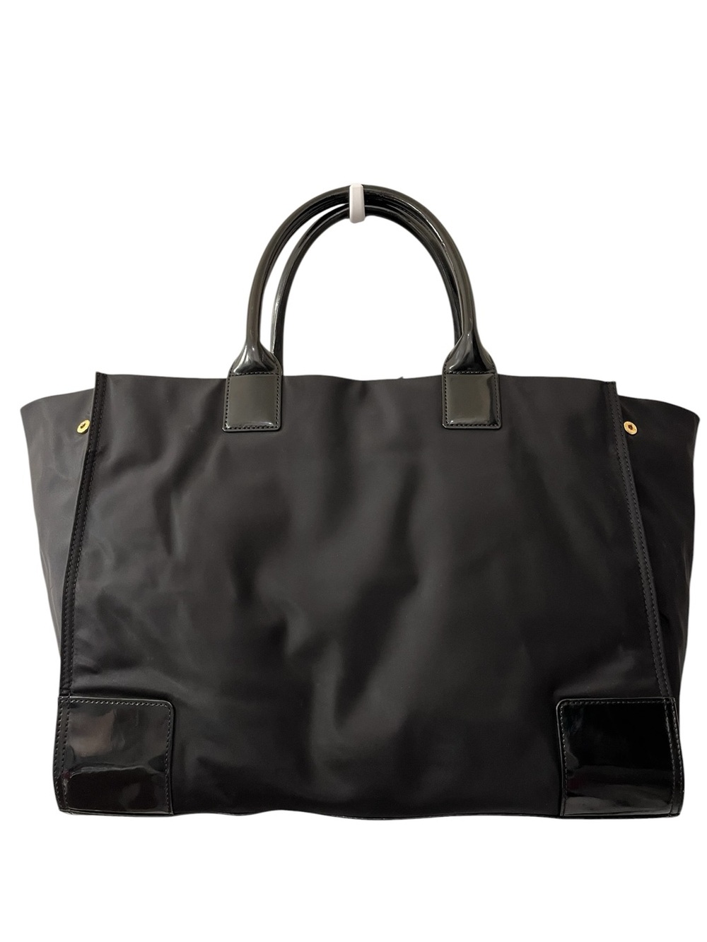Tory Burch Large Ella Expandable Black Nylon Logo Tote with Patent Leather Trim - Picture 4 of 11